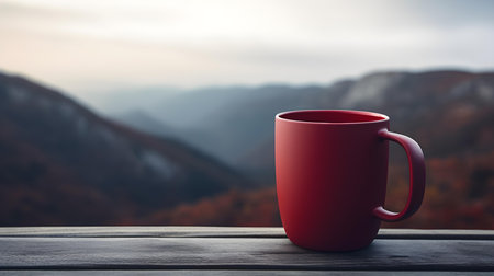 Close up of a dark red mug on a wooden table in the mountains. Blurred natural backgroundの素材