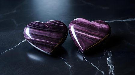 Close up of two dark purple hearts on a black marble background. Romantic backdrop with copy spaceの素材