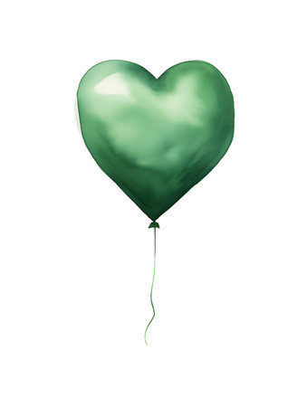 Drawing of a Heart shaped Balloon in dark green watercolors on a white background. Romantic template with copy spaceの素材