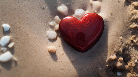 Top view of a dark red stone heart in the sand. Romantic Beach Backdropの素材