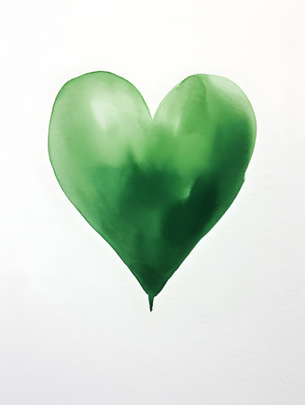 Drawing of a Heart in dark green watercolors on a white background. Romantic template with copy spaceの素材