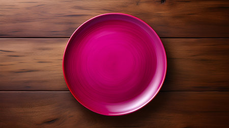 Top view of an empty plate in fuchsia colors on a wooden table. Elegant template with copy spaceの素材