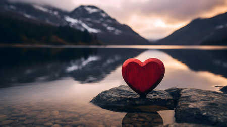 Close up of a dark red wooden heart in front of a beautiful lake. Blurred natural backgroundの素材