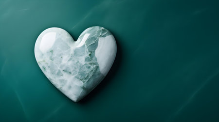 Top view of a white stone heart on an emerald background. Romantic template with copy spaceの素材