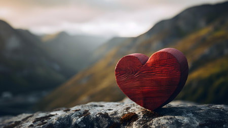 Close up of a dark red wooden heart in the mountains. Blurred natural backgroundの素材