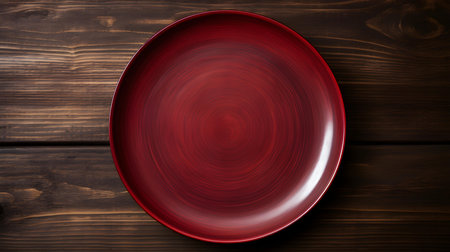Top view of an empty plate in dark red colors on a wooden table. Elegant template with copy spaceの素材