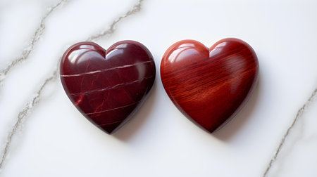 Close up of two dark red hearts on a white marble background. Romantic backdrop with copy spaceの素材