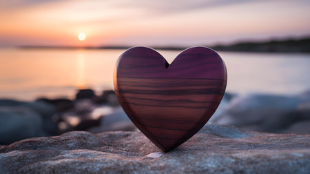 Close up of a dark purple wooden heart in front of a beautiful seascape. Blurred natural backgroundの素材