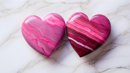 Close up of two fuchsia hearts on a white marble background. Romantic backdrop with copy spaceの素材