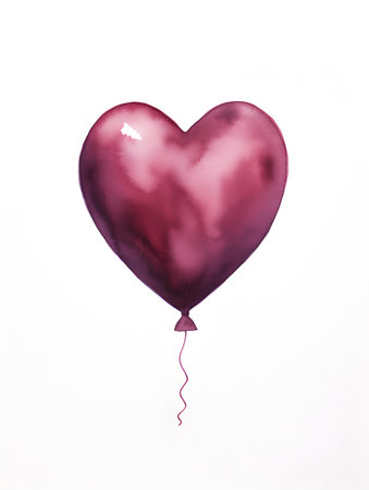 Drawing of a Heart shaped Balloon in dark red watercolors on a white background. Romantic template with copy spaceの素材