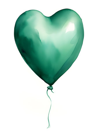 Drawing of a Heart shaped Balloon in emerald Watercolors on a white Background. Romantic template with copy spaceの素材