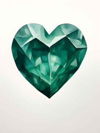 Drawing of a Heart in emerald watercolors on a white background. Romantic template with copy spaceの素材
