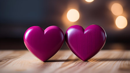 Close up of two fuchsia hearts on a wooden table. Blurred Backgroundの素材