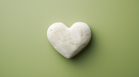 Top view of a white stone heart on a khaki background. Romantic template with copy spaceの素材