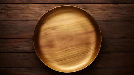 Top view of an empty plate in gold colors on a wooden table. Elegant template with copy spaceの素材