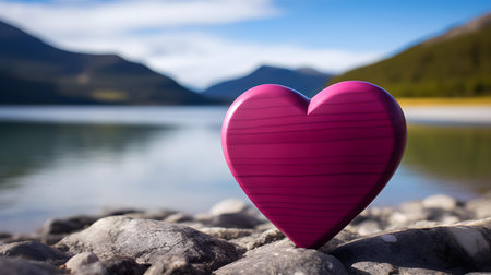 Close up of a fuchsia wooden heart in front of a beautiful lake. Blurred natural backgroundの素材