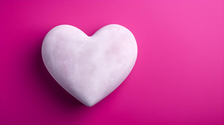 Top view of a white stone heart on a fuchsia background. Romantic template with copy spaceの素材