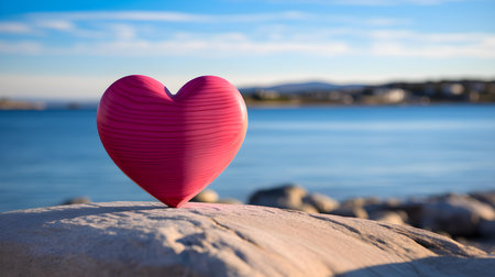 Close up of a fuchsia wooden heart in front of a beautiful seascape. Blurred natural backgroundの素材