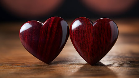 Close up of two dark red hearts on a wooden table. Blurred Backgroundの素材