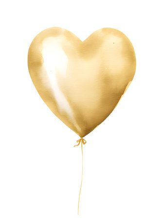 Drawing of a Heart shaped Balloon in gold watercolors on a white background. Romantic template with copy spaceの素材