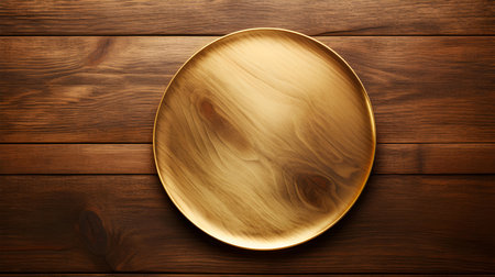Top view of an empty plate in gold colors on a wooden table. Elegant template with copy spaceの素材