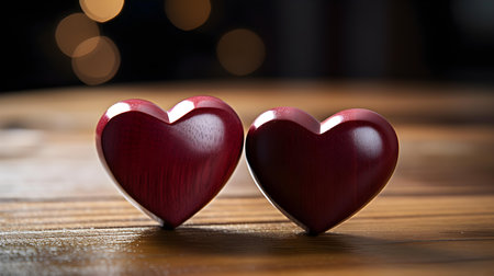 Close up of two dark red hearts on a wooden table. Blurred Backgroundの素材