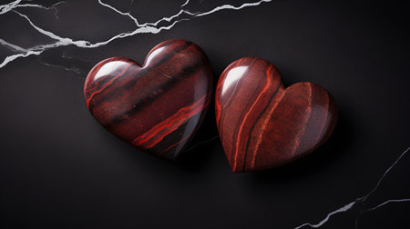 Close up of two dark red hearts on a black marble background. Romantic backdrop with copy spaceの素材