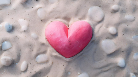 Top view of a hot pink stone heart in the sand. Romantic Beach Backdropの素材