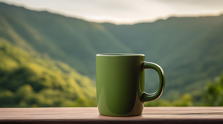 Close up of a green mug on a wooden table in the mountains. Blurred natural backgroundの素材