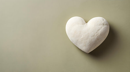 Top view of a white stone heart on a khaki background. Romantic template with copy spaceの素材