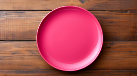 Top view of an empty plate in hot pink colors on a wooden table. Elegant template with copy spaceの素材