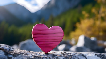 Close up of a hot pink wooden heart in the mountains. Blurred natural backgroundの素材