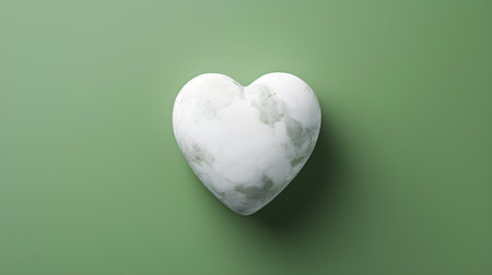 Top view of a white stone heart on a green background. Romantic template with copy spaceの素材
