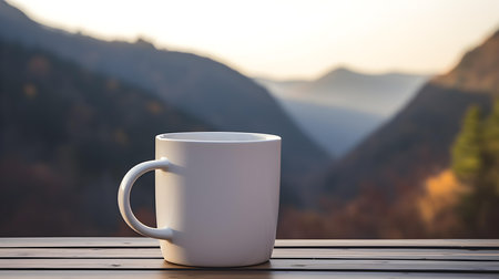 Close up of an ivory mug on a wooden table in the mountains. Blurred natural backgroundの素材