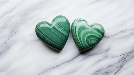 Close up of two green hearts on a white marble background. Romantic backdrop with copy spaceの素材