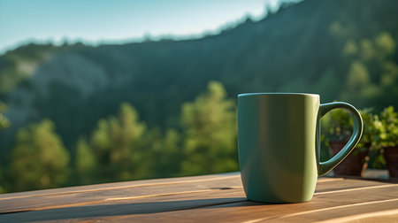Close up of a green mug on a wooden table in the mountains. Blurred natural backgroundの素材