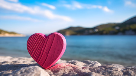 Close up of a hot pink wooden heart in front of a beautiful seascape. Blurred natural backgroundの素材