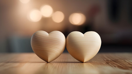 Close up of two ivory hearts on a wooden table. Blurred Backgroundの素材