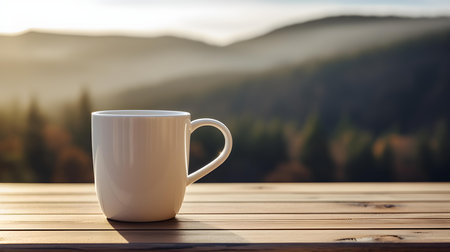 Close up of an ivory mug on a wooden table in the mountains. Blurred natural backgroundの素材