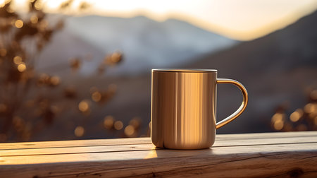 Close up of a gold mug on a wooden table in the mountains. Blurred natural backgroundの素材