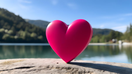 Close up of a hot pink wooden heart in front of a beautiful lake. Blurred natural backgroundの素材