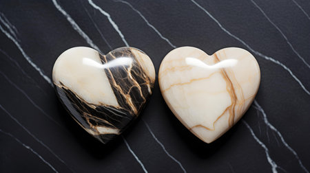 Close up of two ivory hearts on a black marble background. Romantic backdrop with copy spaceの素材