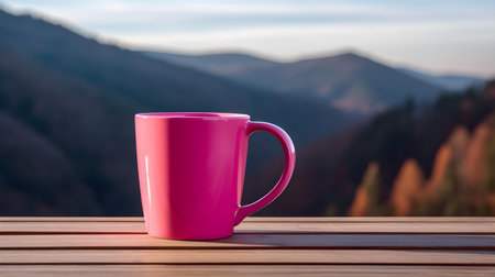 Close up of a hot pink mug on a wooden table in the mountains. Blurred natural backgroundの素材