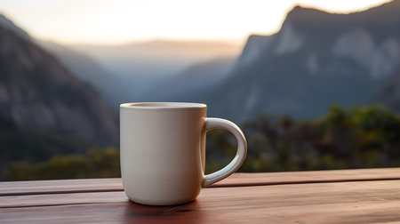 Close up of an ivory mug on a wooden table in the mountains. Blurred natural backgroundの素材