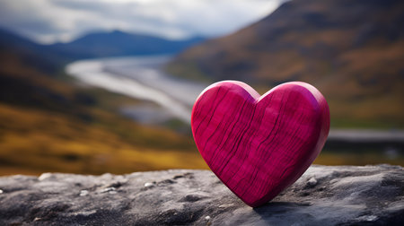 Close up of a hot pink wooden heart in the mountains. Blurred natural backgroundの素材