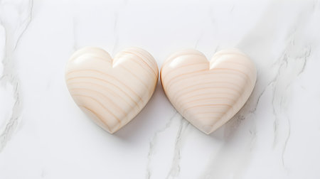 Close up of two ivory hearts on a white marble background. Romantic backdrop with copy spaceの素材