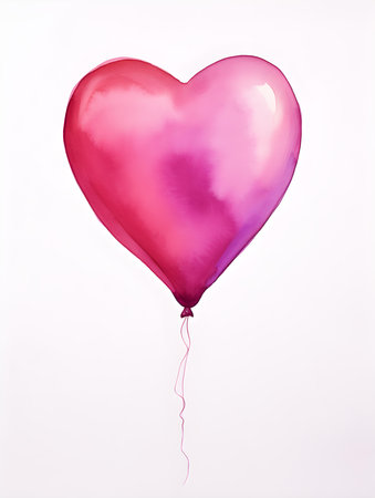 Drawing of a Heart shaped Balloon in hot pink watercolors on a white background. Romantic template with copy spaceの素材