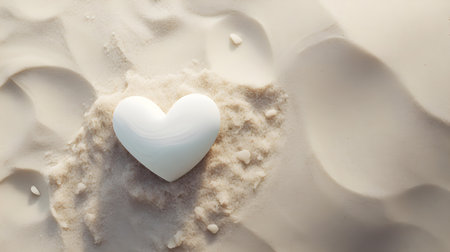 Top view of an ivory stone heart in the sand. Romantic Beach Backdropの素材