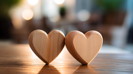 Close up of two light brown hearts on a wooden table. Blurred Backgroundの素材