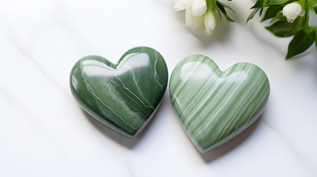 Close up of two green hearts on a white marble background. Romantic backdrop with copy spaceの素材